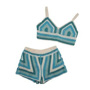 Rebellion Again Blue Cream Crochet Knit Two Piece Set Tank Top & Shorts Size L
